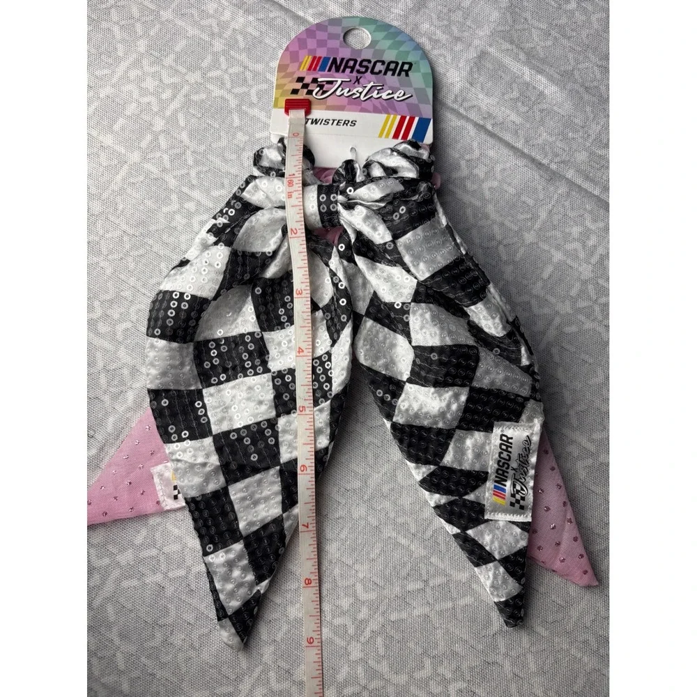 Justice NASCAR Hair Twisters Girls O/S Pink Black Checkered Sequin Bow 2PK Race
